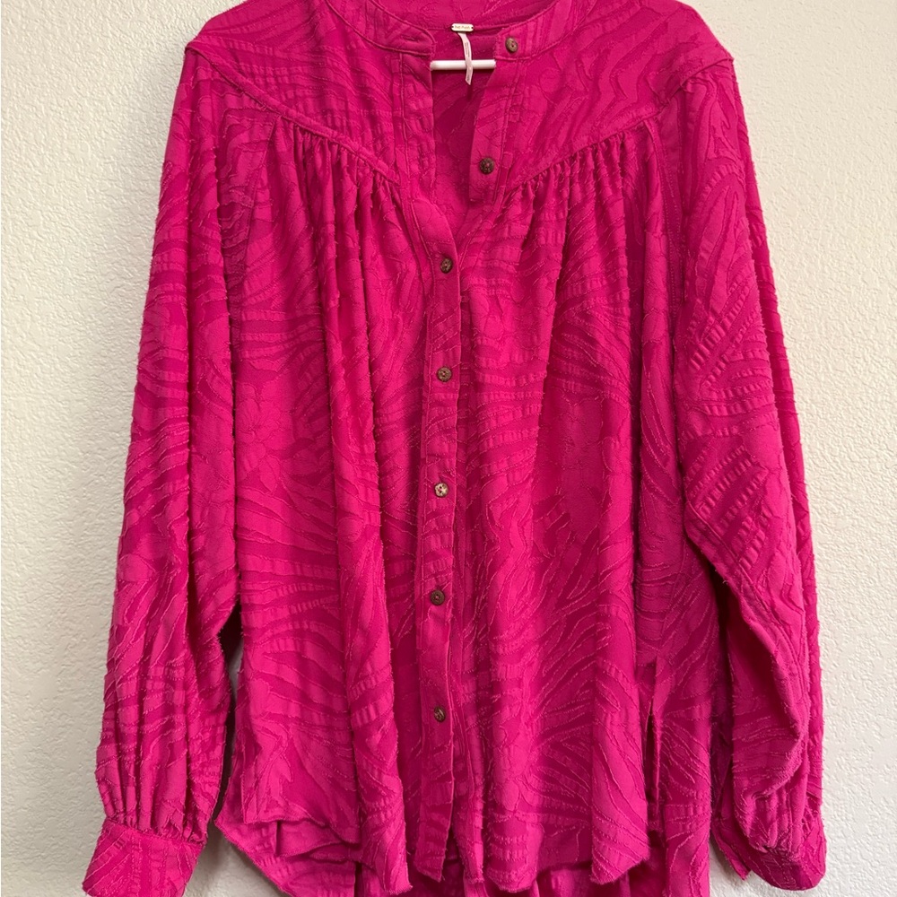 Free People Fuchsia Can’t Stop Dreaming Button-Down Flowy Shirt Blouse Tunic - Picture 4 of 10